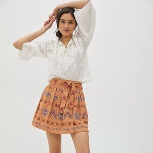 Anthropologie Meghan Embroidered Mini Skirt Size 10 Boho Cotton Festival Chic